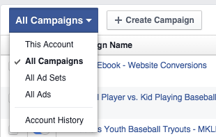 New Facebook Ads Manager All Campaigns Dropdown