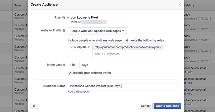 Facebook Website Custom Audience Purchase