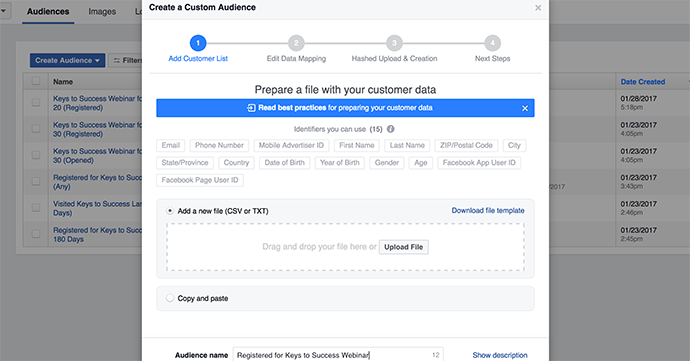 Facebook data Custom Audience Registration
