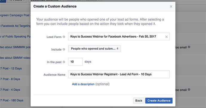 Facebook Lead Form Custom Audience Registered