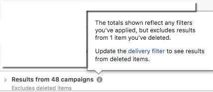 Facebook Ads Manager - Deleted Items Notification Message