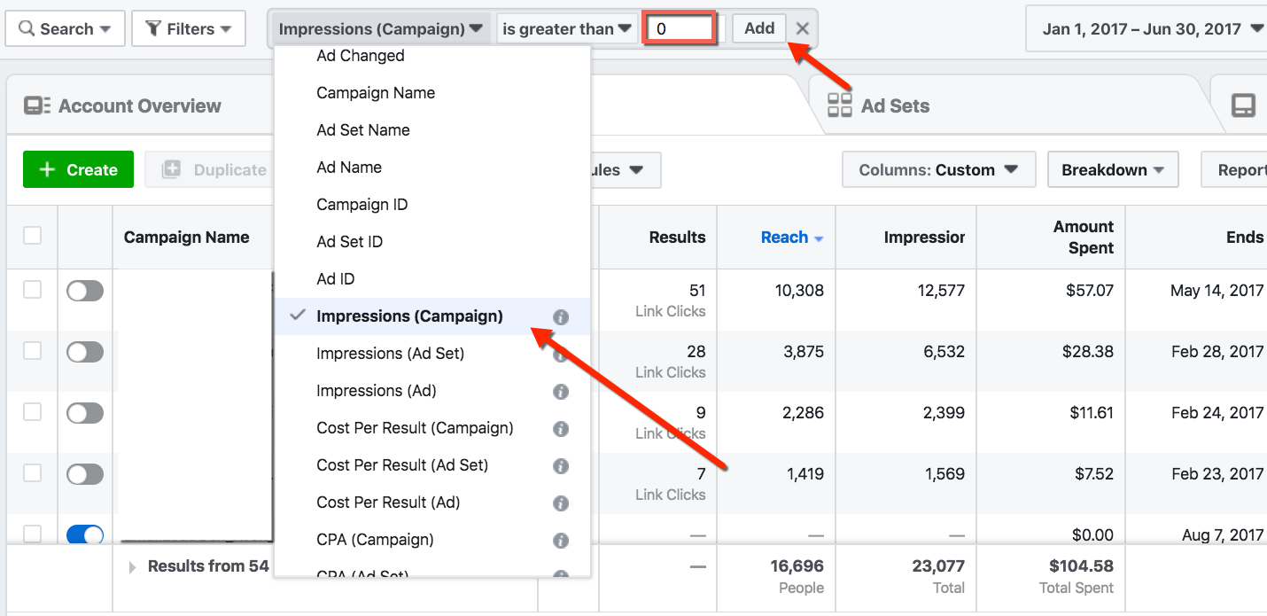 Facebook Paid Reach - Filtered Ads Manager Impressions View