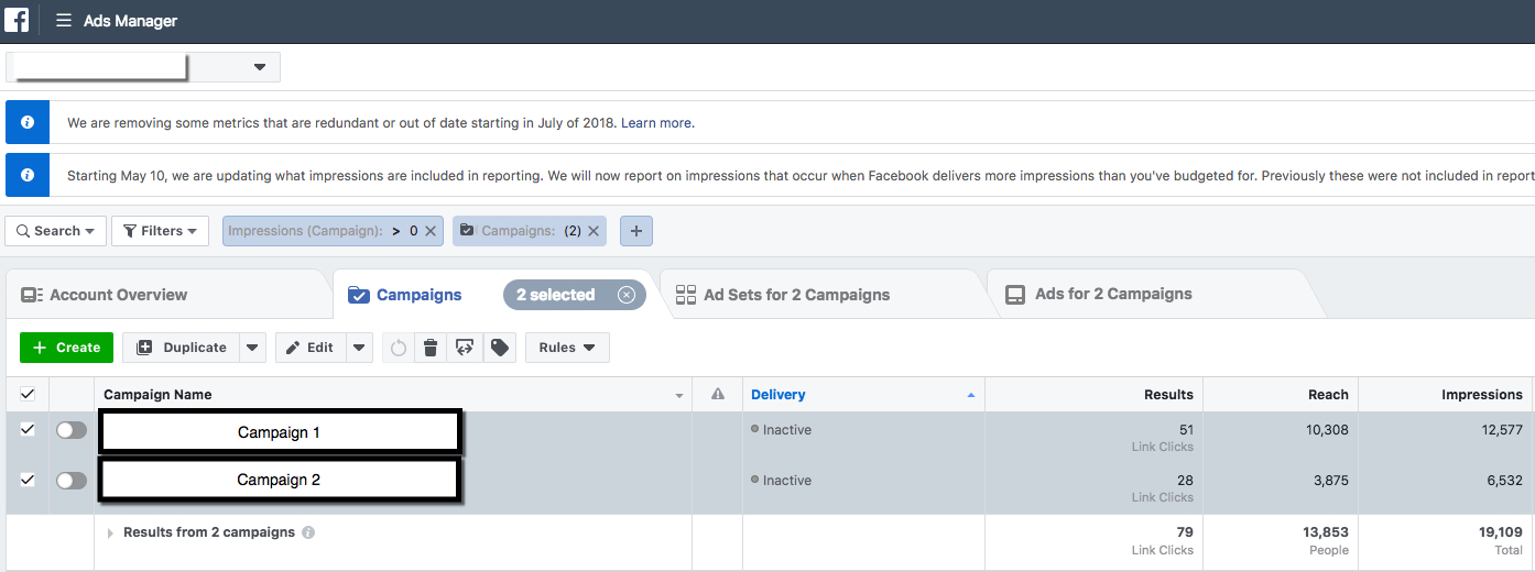 Facebook Ads Manager - 2 Campaigns Narrowed View