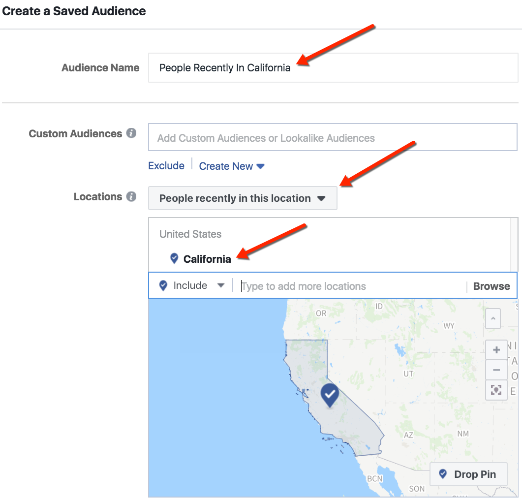 Facebook Location Targeting - People Recently In California Example