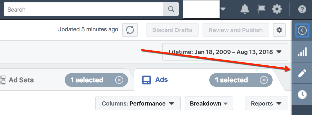 Facebook Ads Manager - Edit Ad Selector Button