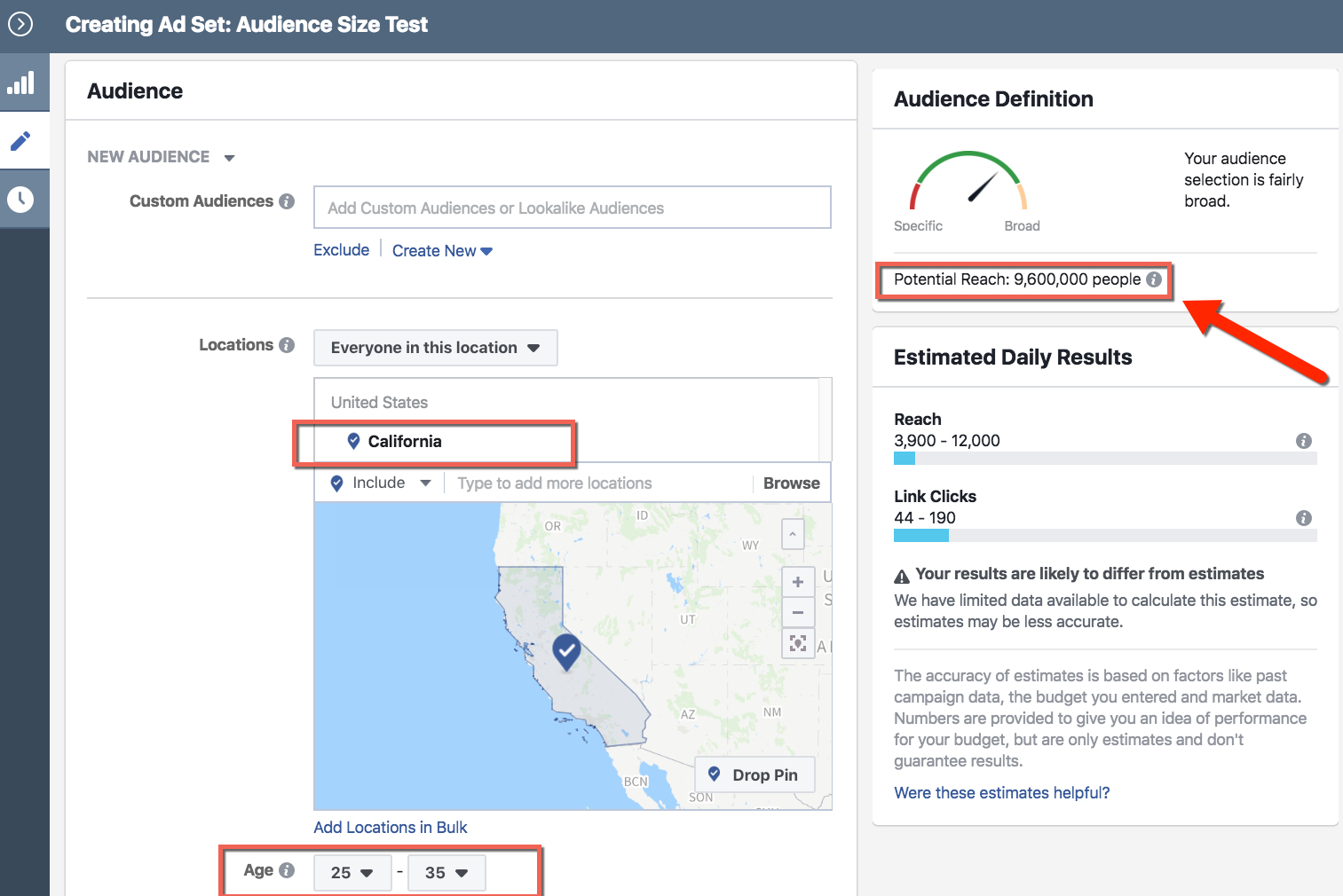 Facebook Audience Selection - Ad Set Level - California Users Aged 25-35