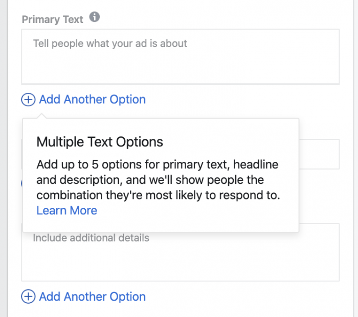 Facebook Ads Multiple Text Options