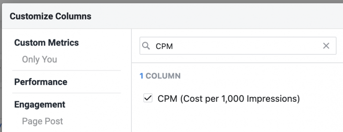 Facebook Customize Columns CPM